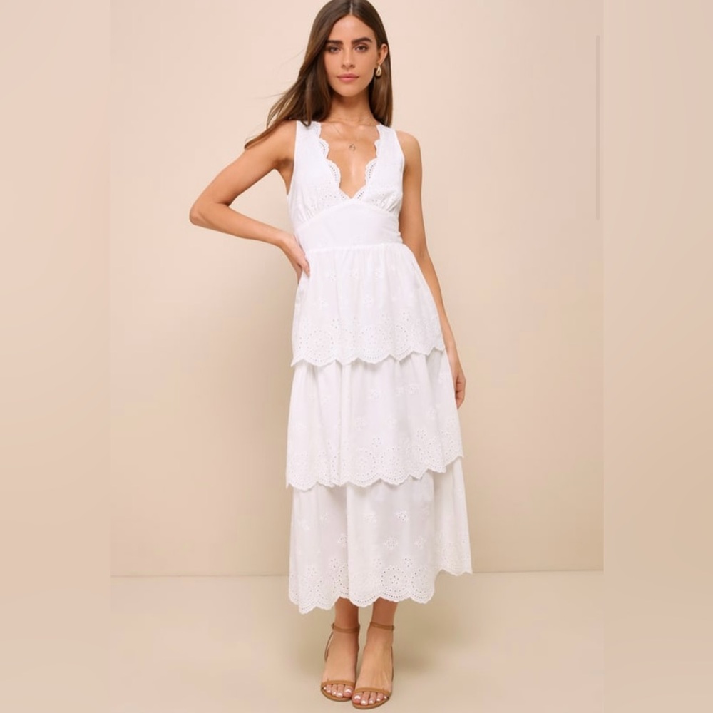 White Eyelet Embroidered Tiered Midi Dress size Large bridal